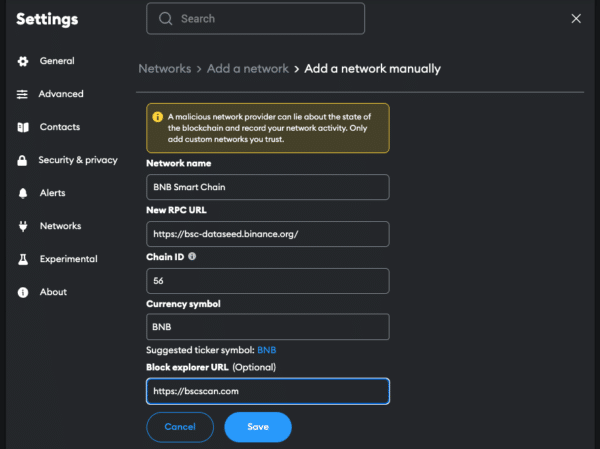 BNB-network-settings