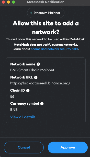 Approve adding BNB Smart Chain in MetaMask