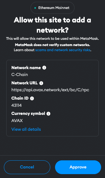 Approve Avalanche network connection in MetaMask