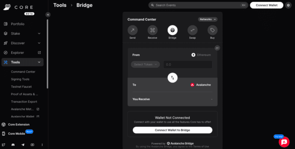 Transfer funds to Avalanche using Core Bridge
