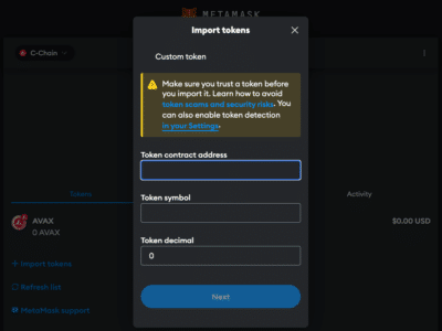 Import Avalanche tokens in MetaMask