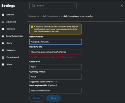 Enter Avalanche network details in MetaMask
