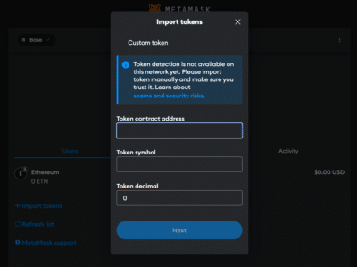 Import Base token address in MetaMask