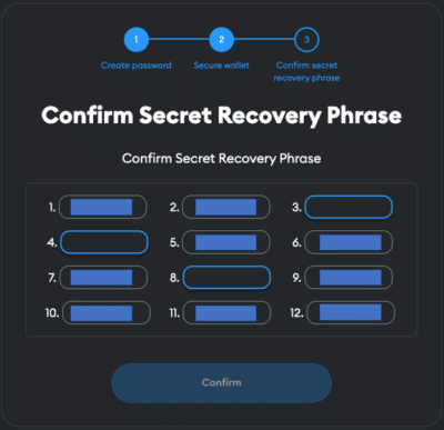 Confirm MetaMask recovery phrase step 1