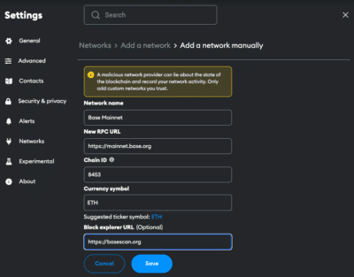 Enter Base network details manually in MetaMask