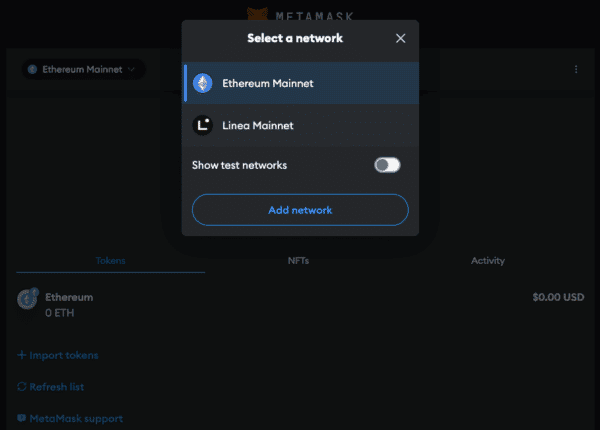 Open MetaMask network menu