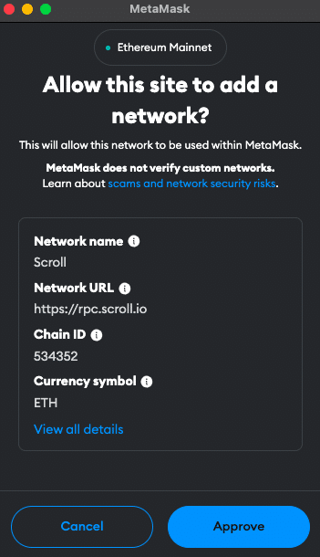 MetaMask approval popup for Scroll Network