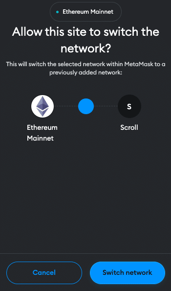 MetaMask network switch screen for Scroll