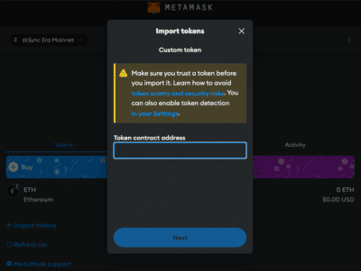 Import zkSync tokens into MetaMask