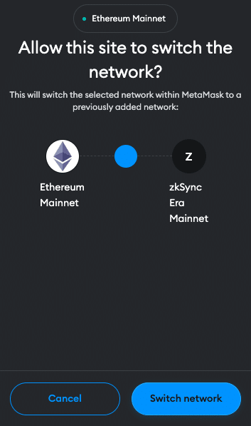 MetaMask network switch screen for zkSync
