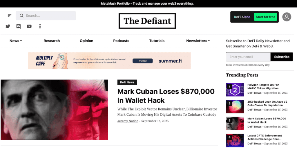 The Defiant DeFi news outlet