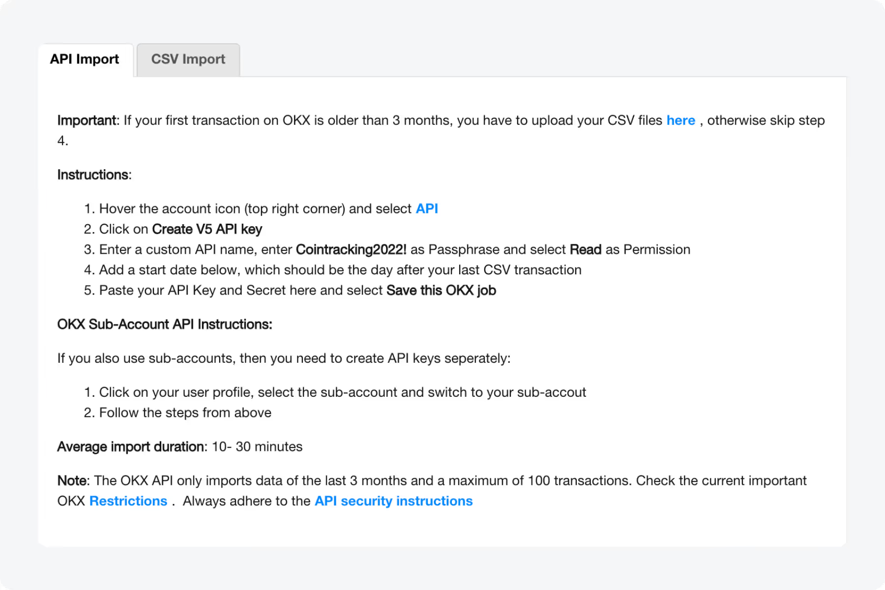 CoinTracking API import instructions screen