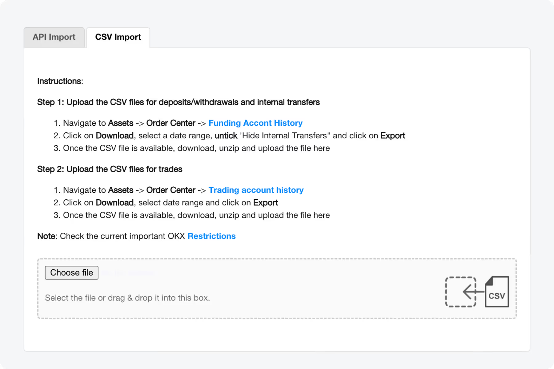 CoinTracking CSV import upload screen