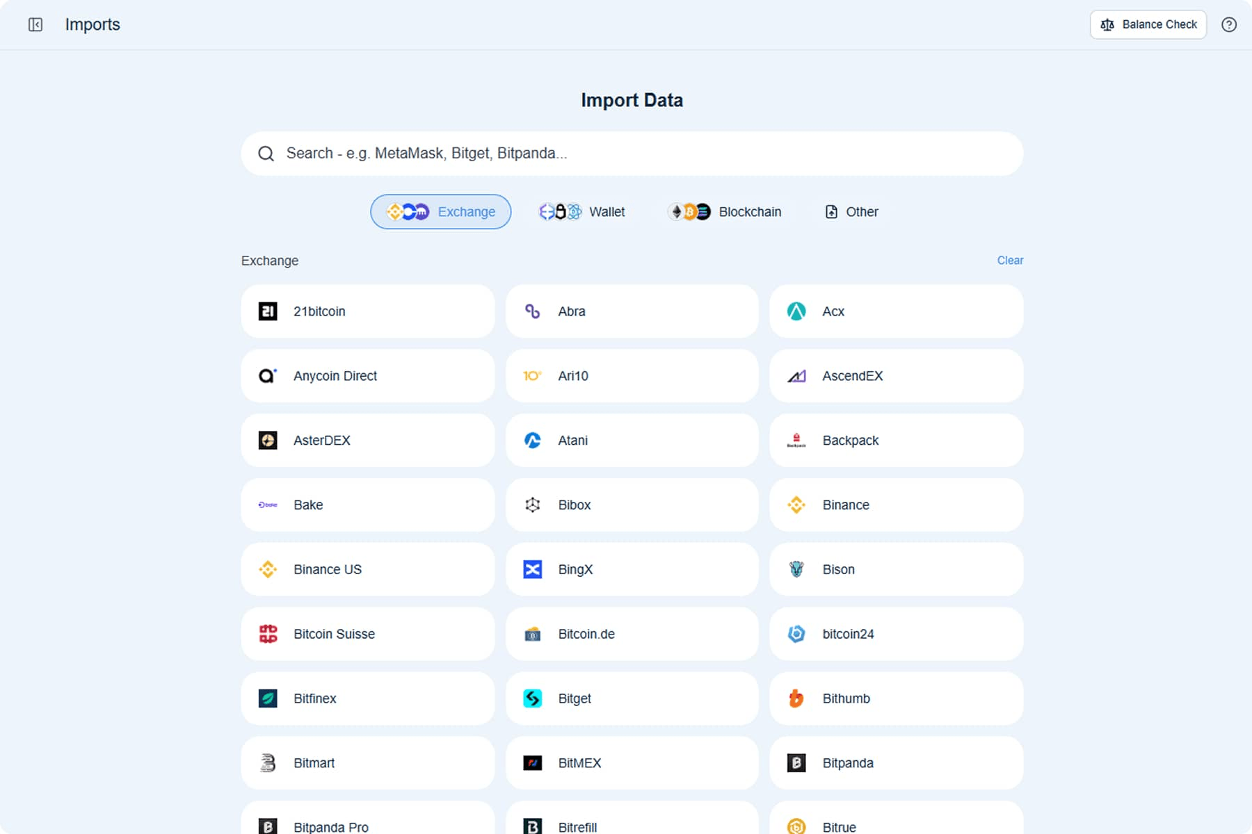 CoinTracking Add Import interface with exchange selection