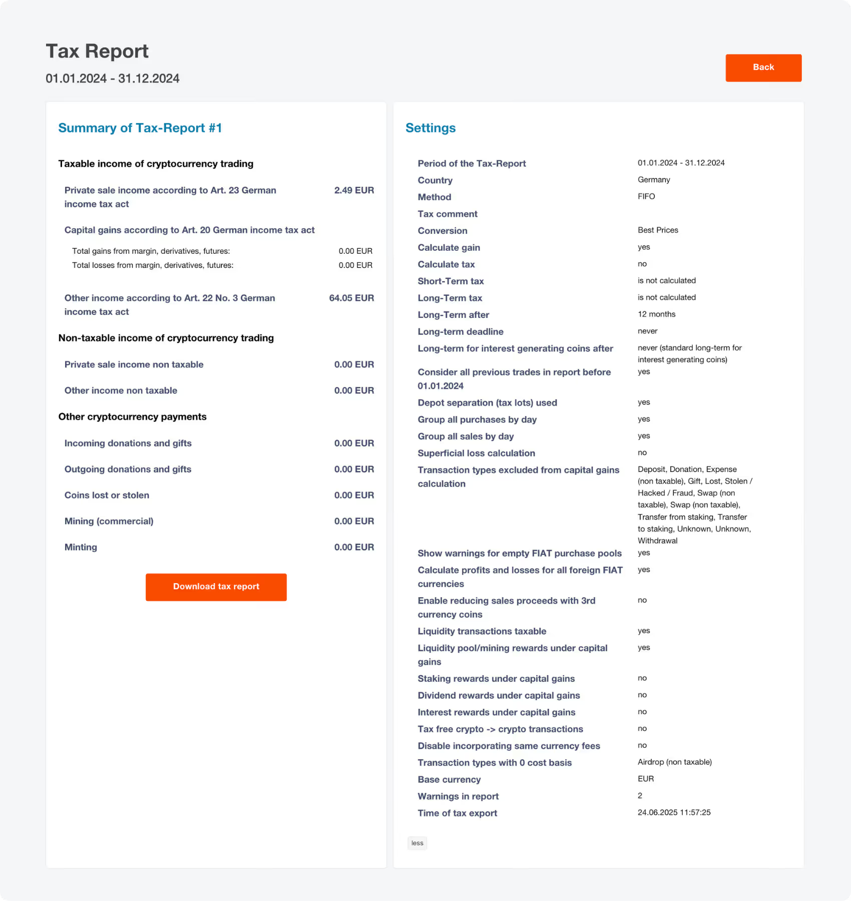 CoinTracking Tax Report showing taxable gains, income, and download options