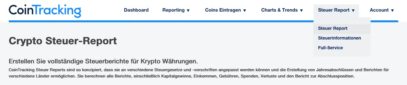 CoinTracking – Navigation zum Steuer Report