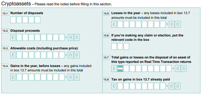 Form SA108 – Cryptoassets section for reporting crypto gains and losses