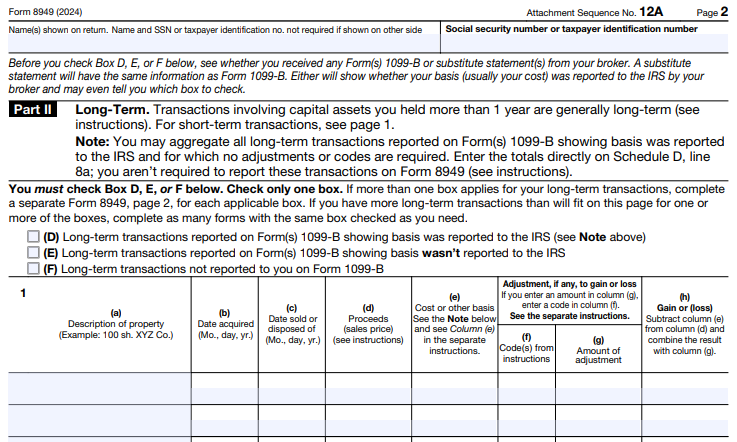 Form 8949 - Part II Long-Term Capital Gains