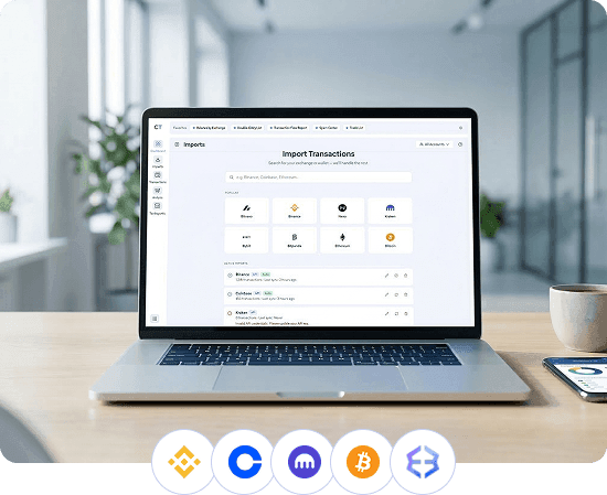 CoinTracking import transactions on laptop with exchange icons